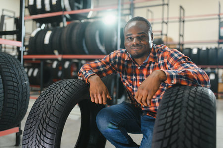 Male customer choosing new tires in the supermarket. Shopping mall with car goods.の写真素材