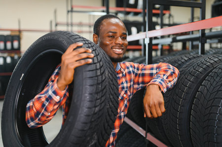 Tire repair service. African american man chooses new tires for his carの写真素材