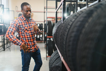 Tire repair service. African american man chooses new tires for his carの写真素材