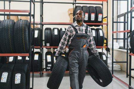 Professional worker with tire. Man is in the tire fitting car service.