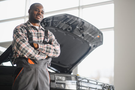 Auto mechanic performing a routine service inspection in a service garage.