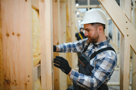 Modern modular house. A worker works on the construction of a wooden house.の写真素材