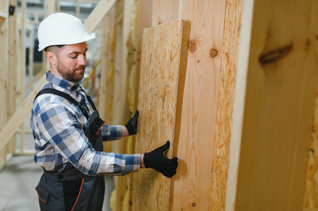 Worker carpenter assembling a modular house.の写真素材