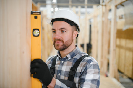 A worker or engineer in a uniform works on a construction site for the manufacture of wooden modular...