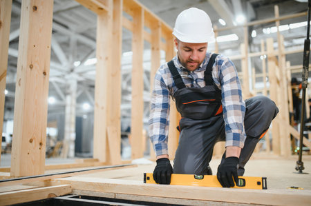 Portrait of a carpenter smiling with crossed arms in a lumber warehouse, showing expertise in the...
