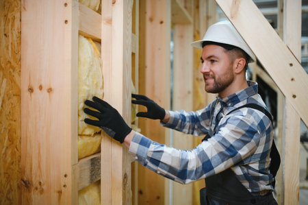 Construction of modular houses. Male construction worker in uniform and hard hat at construction site.の写真素材