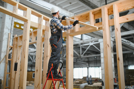 A carpenter works on the construction of modular houses.の写真素材