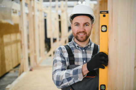 Modern modular house. A worker works on the construction of a wooden house.の写真素材