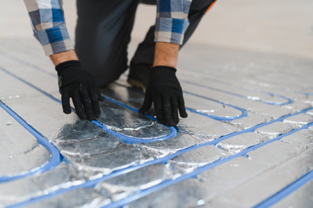 Water underfloor heating systems installation, work in progress on construction site for a modular house.の写真素材