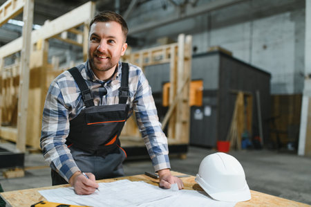 Construction of modern modular houses. An architect works with building plans.