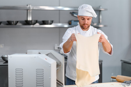 Man preparing pasta in a kitchen.の写真素材