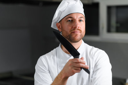 Portrait of a handsome young chef in the kitchen with his chef's knife.