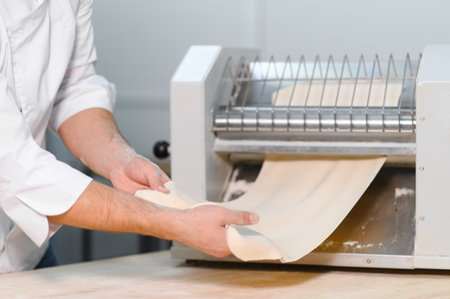 Concentrated at work. Handsome chef rolling a dough through pasta machine.の写真素材