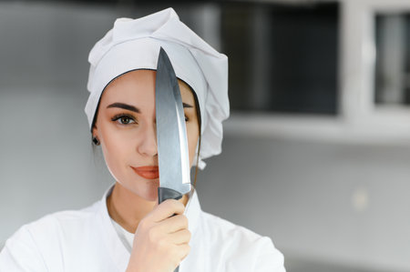Portrait of a beautiful female professional chef with a knife on the background of the kitchen.の写真素材