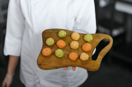 The concept of semi-finished products. Female chef cooks falafel in the kitchen.