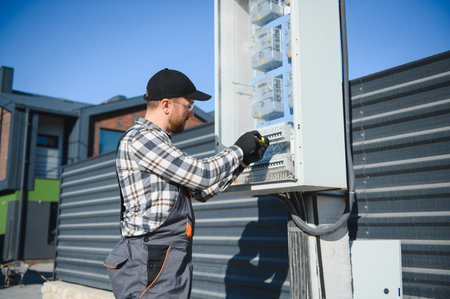 Skilled construction worker repairing external electrical distribution box.