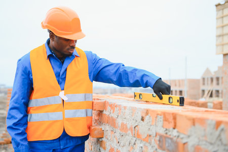 Builder in workwear and protective helmet keeping level handtool on surgace of brick layer while...