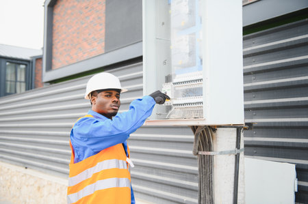 African American Electrical engineer approving power distribution box installation on site.