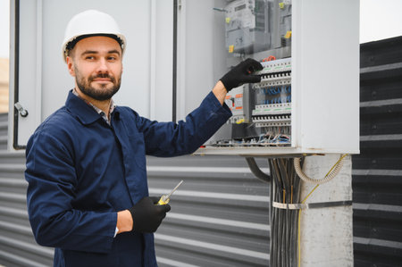 Joyful electrician mounting electric switchboard outdoors.