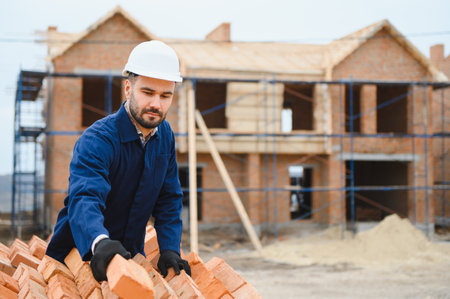 Construction worker in uniform and safety equipment have job on building. Industrial theme.