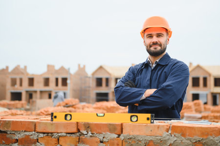 Portrait of a builder in the process of working on a construction site outdoors.