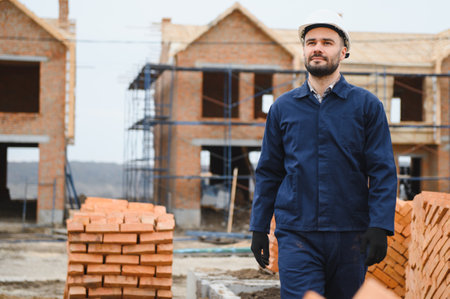 Portrait of a builder on a construction site. Construction of brick houses.の写真素材