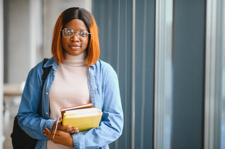 African American student girl standing with books in university corridor.の写真素材