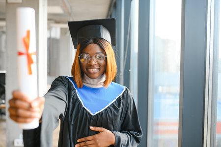 happy African American female student with diploma at graduation.の写真素材