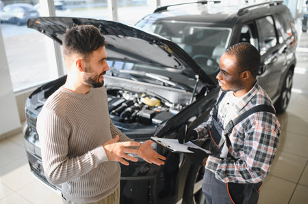 A satisfied client takes his repaired car to the mechanic. Car service station.の写真素材