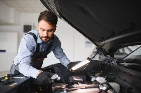Friendly mechanic in modern car repair shop with car. Professional technician checking vehicle...