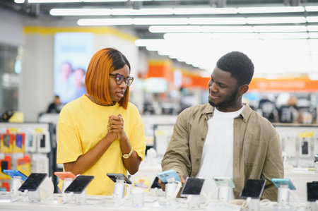 Shopping a new digital device. Happy couple buying a smartphone in store.
