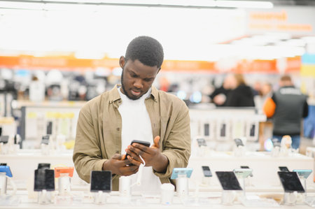 Close up of handsome young man buying new mobile in the electronic shop.の写真素材