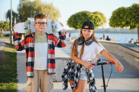 Stylish boy and girl having fun in skate park in summer.