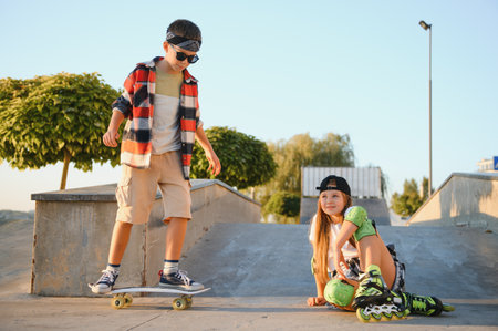 Portrait of happy children. Rest in the skate park. A boy and a girl are skating and rollerblading.の写真素材