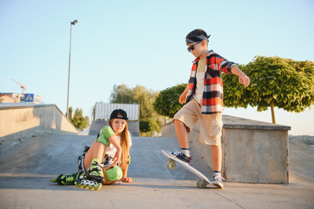 Stylish boy and girl having fun in skate park in summer.の写真素材