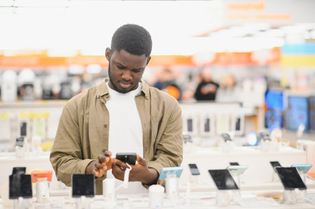 Close up view of young male customer choosing smartphone in the mobile phone shop