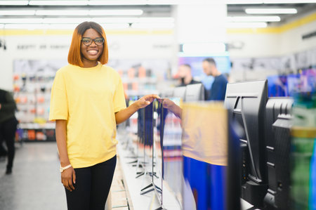 Red-haired young woman chooses plasma in store of household appliances, electronics and gadgets, looking shocked at screen of smartphone. Buying new TV, sale day.の写真素材