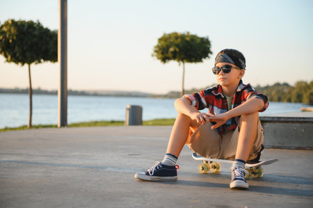 A young skater boy sits calmly on a skateboard in a bustling skate park on a sunny summer day.