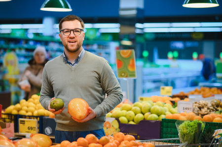 A man chooses fruits in a supermarket with a shopping cart.の写真素材