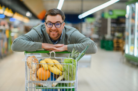 Handsome man shopping in a supermarket.の写真素材