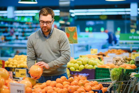 Handsome man shopping in a supermarket.の写真素材