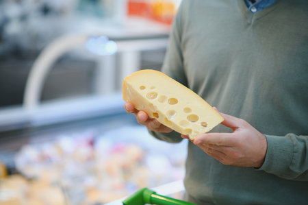 man choosing cheese in supermarket.の写真素材