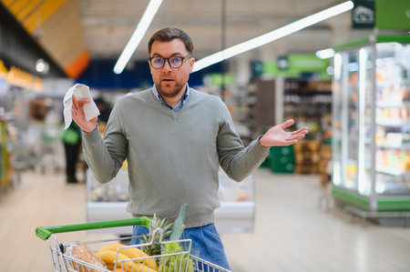 Shocked caucasian man with rounded eyes looking at extremely long bill. Amazed buyer doing grocery shopping and getting surprised by prices.の写真素材
