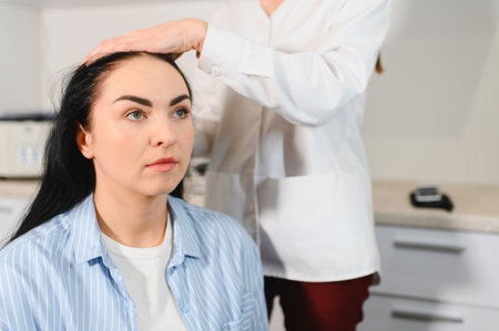 Doctor diagnoses the structure of the hair. Consultation with a trichologist.の写真素材