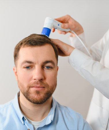 Female doctor looks at a man's scalp with a dermatoscope. Diagnosis of scalp condition by a...