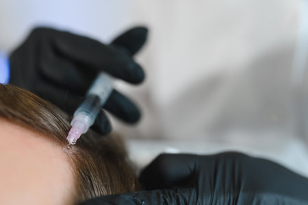Side view of handsome man getting hair treatment at beauty salon. Man having mesotherapy session at aesthetic clinic, therapist hands in gloves making injection in scalp, closeupの写真素材