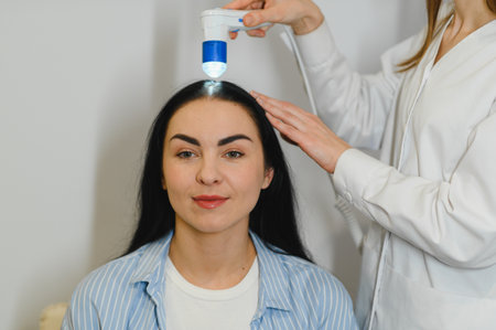 A dermatologist trichologist makes a computer diagnosis of the hair condition of an attractive patient to a young woman. Trichoscopy, trichology, trichoscope, microscope.の写真素材