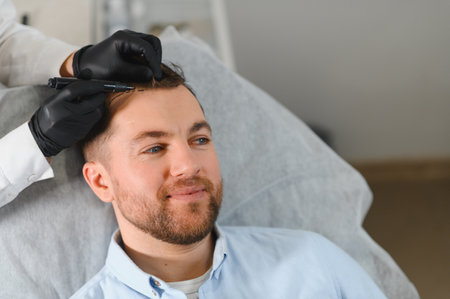 Doctor marking young man's forehead with hair loss problem.の写真素材