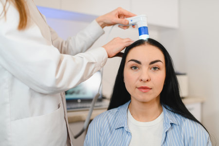 Doctor diagnoses the structure of the hair. Consultation with a trichologist.の写真素材