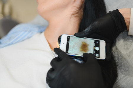 Dermatologist examining moles of patient.
